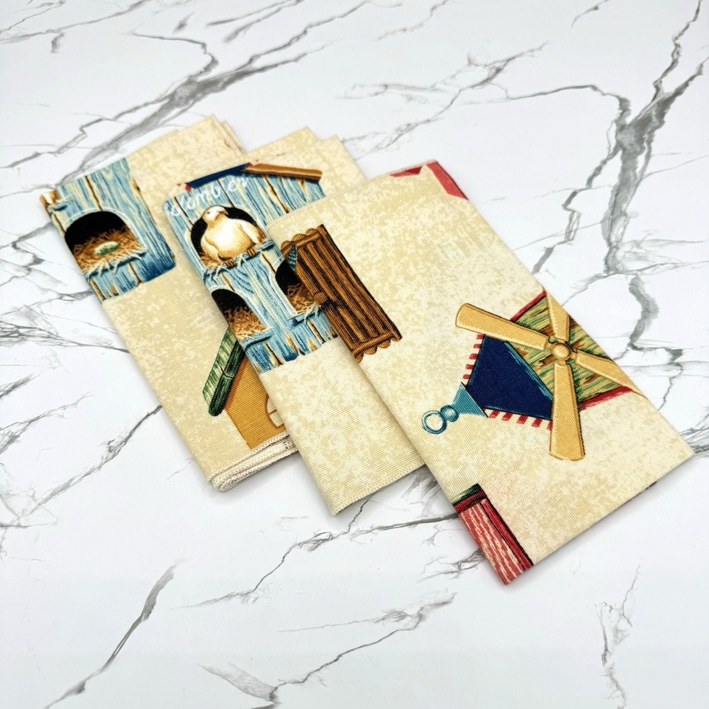 3 Vintage Cyrus Clark Home Sweet Home Cloth Napkins Set Bird Houses Country 1996